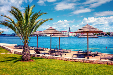Picturesque spring view of popular summer resort Porec. Colorful spring seascape of Adriatic Sea....