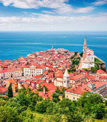 Aerial view of old town Piran. Splendid spring morning on Adriatic Sea. Beautiful cityscape of...