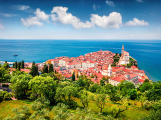 Aerial view of old town Piran. Splendid spring morning on Adriatic Sea. Beautiful cityscape of...