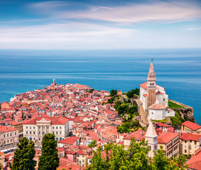 Aerial view of old town Piran. Splendid spring morning on Adriatic Sea. Beautiful cityscape of...