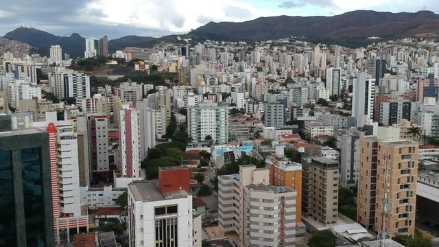 Aerial view trough buildings on the city center of a Brazilian city. Belo Horizonte, Minas Gerais.