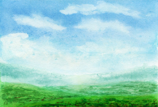 Summer watercolor landscape. Spring watercolor landscape with mountains, blue sky, clouds, green glade fields and meadows . Hand drawn nature european background. Painting countryside illustration
