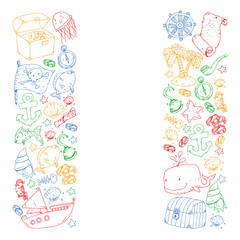 Ocean and sea for children. Pattern for boys. Pirate party. Cute fishes, animals, treasures. Kids vacation pattern, beach toys and elements.