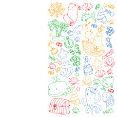 Ocean and sea for children. Pattern for boys. Pirate party. Cute fishes, animals, treasures. Kids vacation pattern, beach toys and elements.