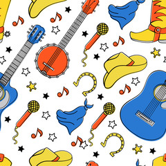 COUNTRY INSTRUMENTS American Cowboy Music Western Festival Seamless Pattern Vector Illustration for Print Fabric and Digital Paper