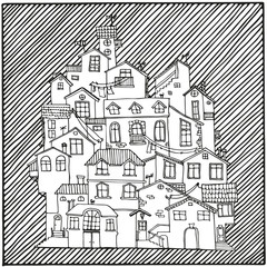 Hand drawn doodle houses in black and white.  Adult coloring page. Cartoon coloring book. Vector Illustration.