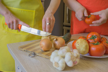 Woman's hands cooking healthy meal in the kitchen, behind fresh vegetables. Cropped image of young girl cutting vegetables for Food