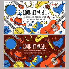 Fototapeta premium COUNTRY MUSIC BANNER American Cowboy Western Festival Vector Illustration Set for Print Fabric and Decoration