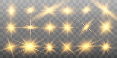 Set of gold bright beautiful stars. Light effect Bright Star. Beautiful light for illustration. Christmas star. White sparks sparkle with a special light. Vector sparkles on transparent background 