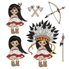 POCAHONTAS HOLIDAY American Native Indian Princess Vector Illustration Set for Print Fabric and Decoration