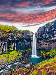 Incredible morning view of famous Svartifoss (Black Fall) Waterfall. Colorful summer sunrise in...