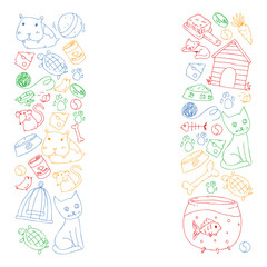 Pet shop. Vector illustration with animals, dog, cat, fish, Colorful background with kitten, bird, puppy. Veterinarian clinic.