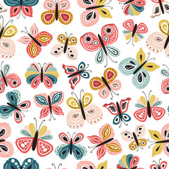 Seamless pattern with beautiful hand drawn butterfly. Tileable background for kids and women product design, fabric, stationery, textile, apparel. Fun and colorful vector illustration