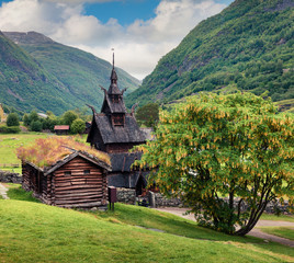Picturesque summer view of Borgund Stave Church, located in the village of Borgund in the municipality of Lerdal in Sogn og Fjordane county, Norway. Traveling concept background.