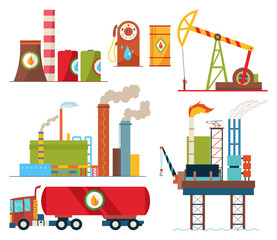 Set of oil industry extraction production and transportation oil and petrol, rig and barrels on flat cartoon icons. Isolated vector illustration.