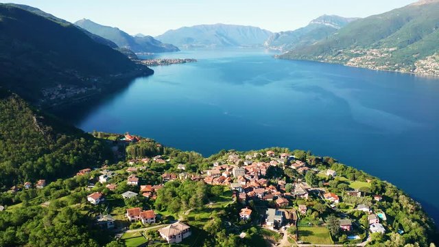Aerial 4K - Lago di Como (IT) - Piona - Vista verso sud con il borgo di Olgiasca 