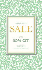 Green Spring Summer Foliage Silhouettes Sale Promotion Vertical Banner. Social Media Ads Graphics. Abstract Floral Print