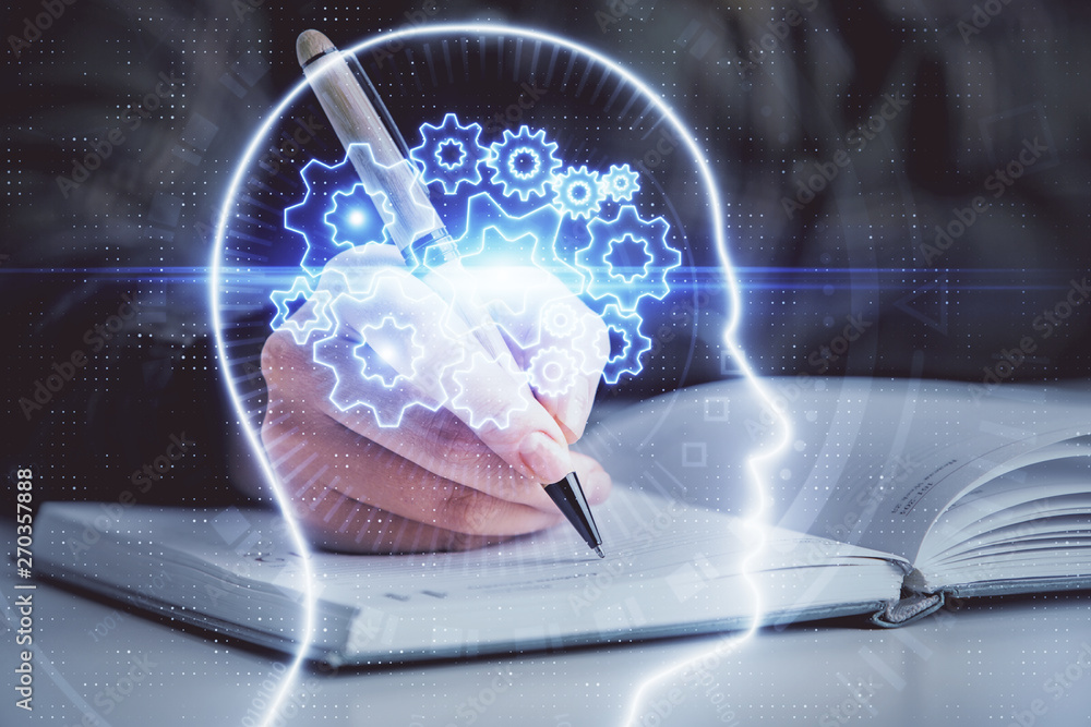 Poster multi exposure of woman's writing hand on background with brain hologram. concept of brainstorming.