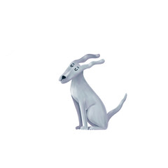 Cute funny dog sitting with long ears waving in the wind, cartoon illustration isolated on white background. Cartoon portrait of funny grey dog, puppy character sitting in the wind