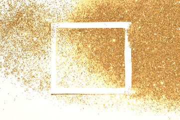 White frame on gold glitter, background with border for your design in vintage colors