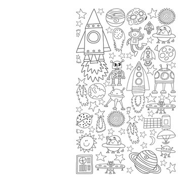 Vector set of space elements icons in doodle style. Painted, black monochrome, pictures on a piece of paper on white background.
