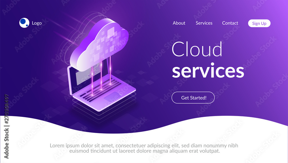 Poster cloud computing 3d isometric concept. the process of data exchange between the cloud and laptop. mod
