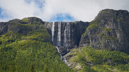 Hydnefossen waterfall in the forest near Hemsedal, Norway.