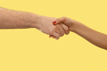 Fototapeta premium Closeup shot of human holding hands isolated on yellow studio background. Concept of human relations, friendship, partnership, family. Copyspace.