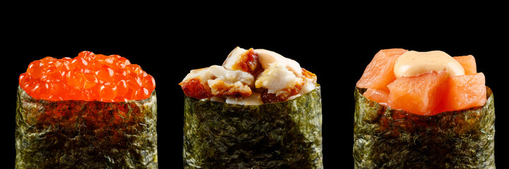 Classic sushi roll. Sushi at black background.Japanese seafood sushi , sushi a black background.