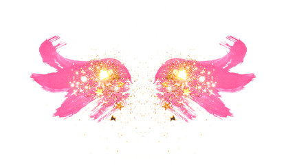 Golden glitter and glittering stars on abstract pink watercolor wings in vintage nostalgic colors.