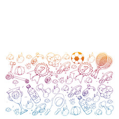 Vector pattern with sport elements. Fitness, games, exercises. Doodle icons in kids drawing style