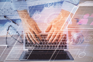 Businessman with computer background with technology theme hologram. Concept of big data. Double exposure.