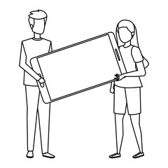 young couple lifting smartphone device characters