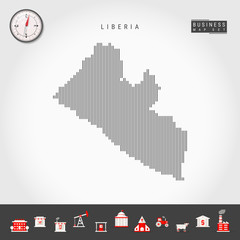 Vector Vertical Lines Pattern Map of Liberia. Striped Simple Silhouette of Liberia. Realistic Vector Compass. Business Infographic Icons.