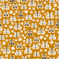 Seamless pattern with beautiful hand drawn butterfly. Tileable background for kids and women product design, fabric, stationery, textile, apparel. Fun and colorful vector illustration