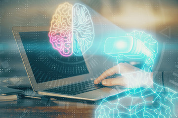 Growing arrows with businessman working on computer on background. Success concept. Double exposure.