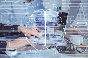 Man with computer background with brain theme hologram. Concept of brainstorm. Double exposure.