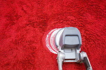 Red shaggy carpet chemical foaming, rubbing and cleaning with professionally disk machine. General...