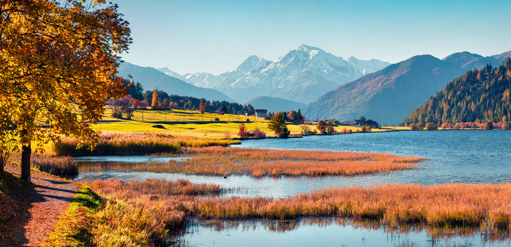 Vivid autumn panorama of Haidersee (Lago della Muta) lake with Ortler peak on background. Splendid morning view of Italian Alps, Italy, Europe. Beauty of countryside concept background.