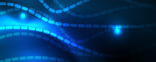 Obraz premium Smooth wave lines on blue neon color light background. Glowing abstract wave on dark, shiny motion, magic space light