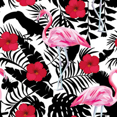 Flamingo hibiscus tropical background seamless - 270359885