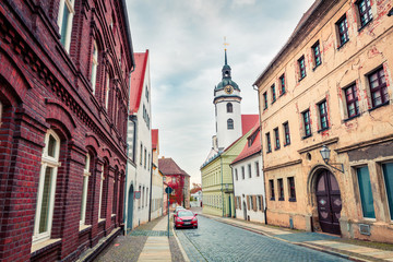 Obraz premium Beautiful autumn view of of Torgau town on the banks of the Elbe. Great morning cityscape in Saxony, Germany. Traveling concept background.
