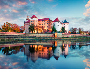 Fantastic sunrise view of Hartenfels castle. Picturesque morning view of Torgau town on the banks...