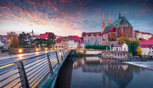 Fantastic sunrise view of St Peter and Paul&rsquo;s Church, on the Polish border. Colorful autumn cityscape of Gorlitz, eastern Germany, Europe. Traveling concept background.