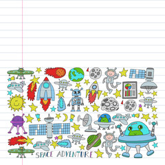 Vector set of space elements icons in doodle style. Painted, colorful, pictures on a piece of linear paper on white background.