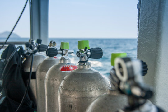 Air Tanks and Gear for Scuba Diving  at a Live-aboard - Similan Islands, Thailand