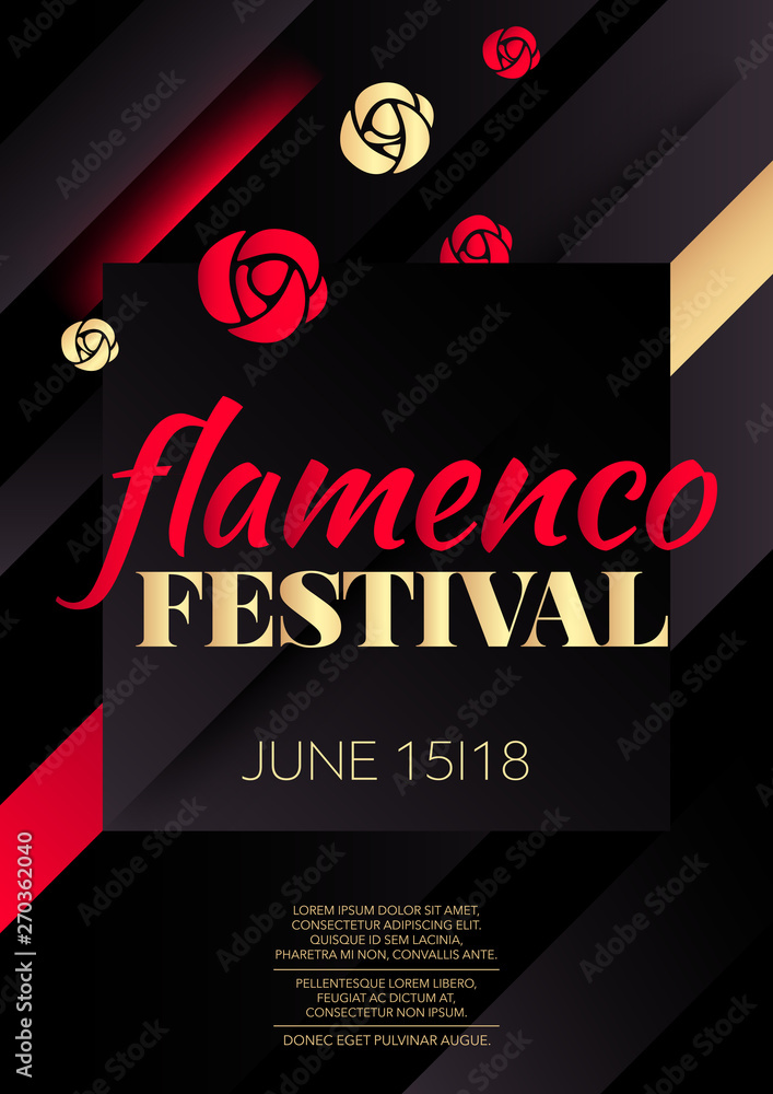 Poster vertical flamenco dark background with red and golden graphic elements and text.