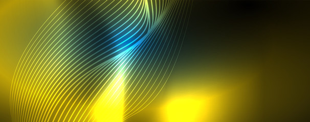 Smooth wave lines on blue neon color light background. Glowing abstract wave on dark, shiny motion, magic space light