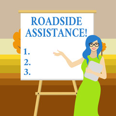 Text sign showing Roadside Assistance. Business photo text helps drivers when their vehicle breaks down on the road White Female in Glasses Standing by Blank Whiteboard on Stand Presentation