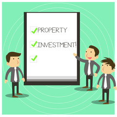 Conceptual hand writing showing Property Investment. Concept meaning Asset purchased and held primarily for its future income Business Colleagues Discuss Missions Whiteboard Ticks